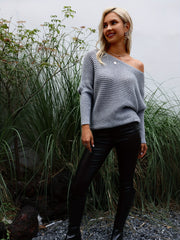 Solid Boat Neck Knit Sweater Casual Long Sleeve Versatile Sweater