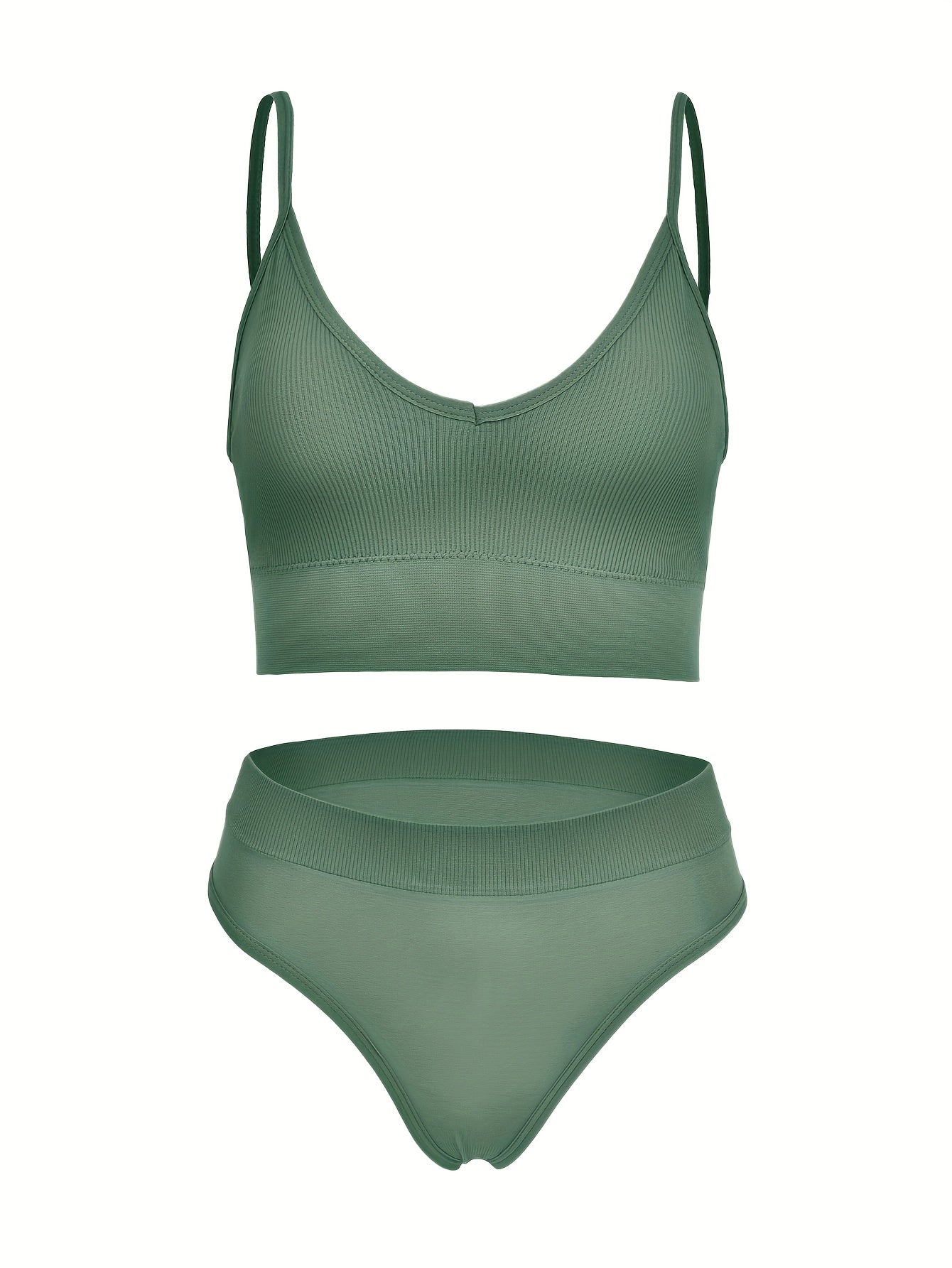 Solid Ribbed Bra & Panties Set Women's Underwear