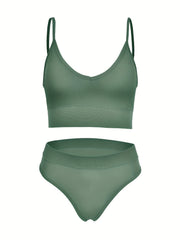 Solid Ribbed Bra & Panties Set Women's Underwear