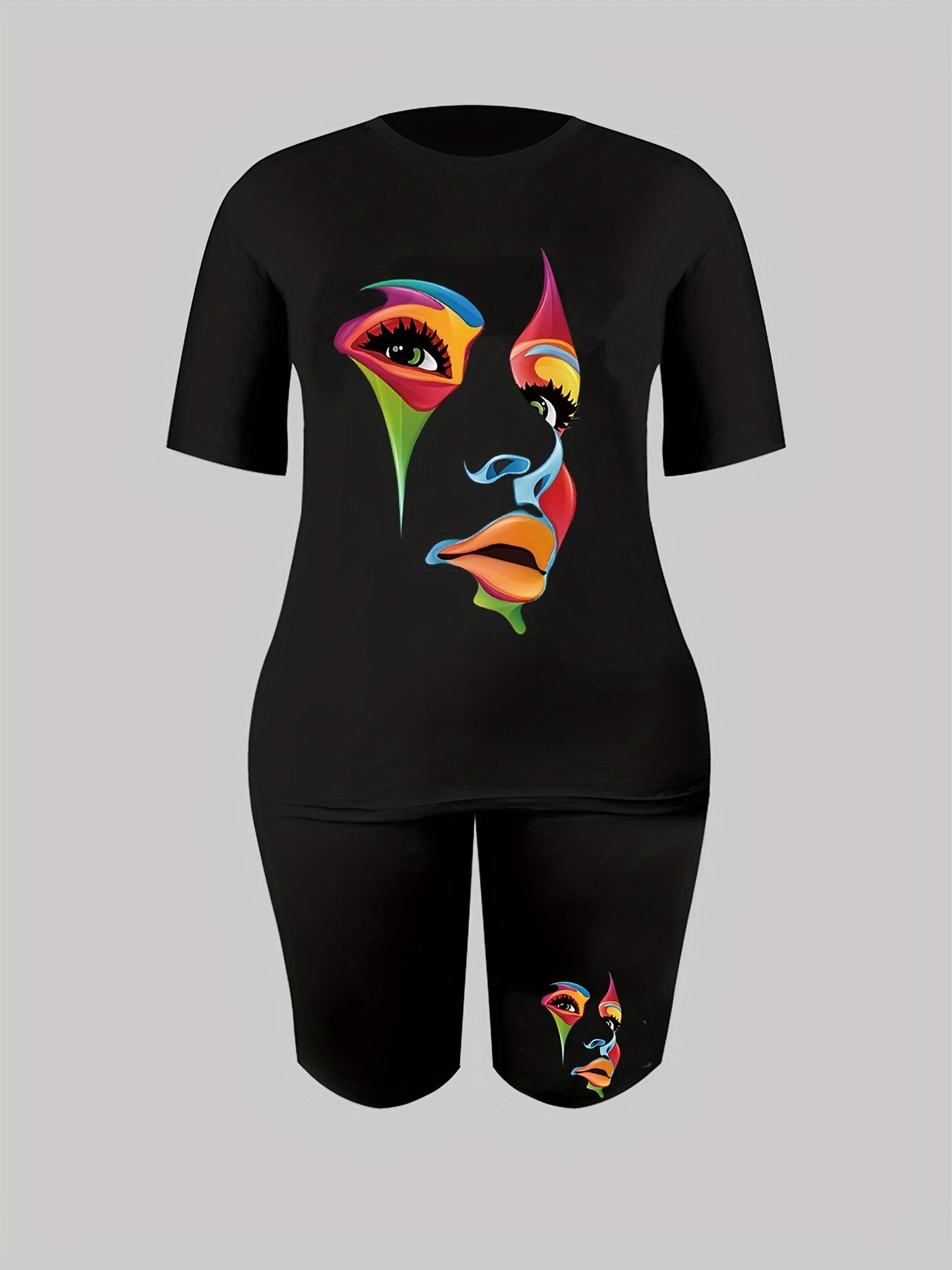 Colorblock Figure Print Short Sleeve Two Piece Set