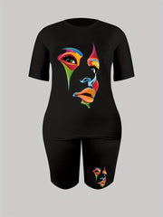 Colorblock Figure Print Short Sleeve Two Piece Set