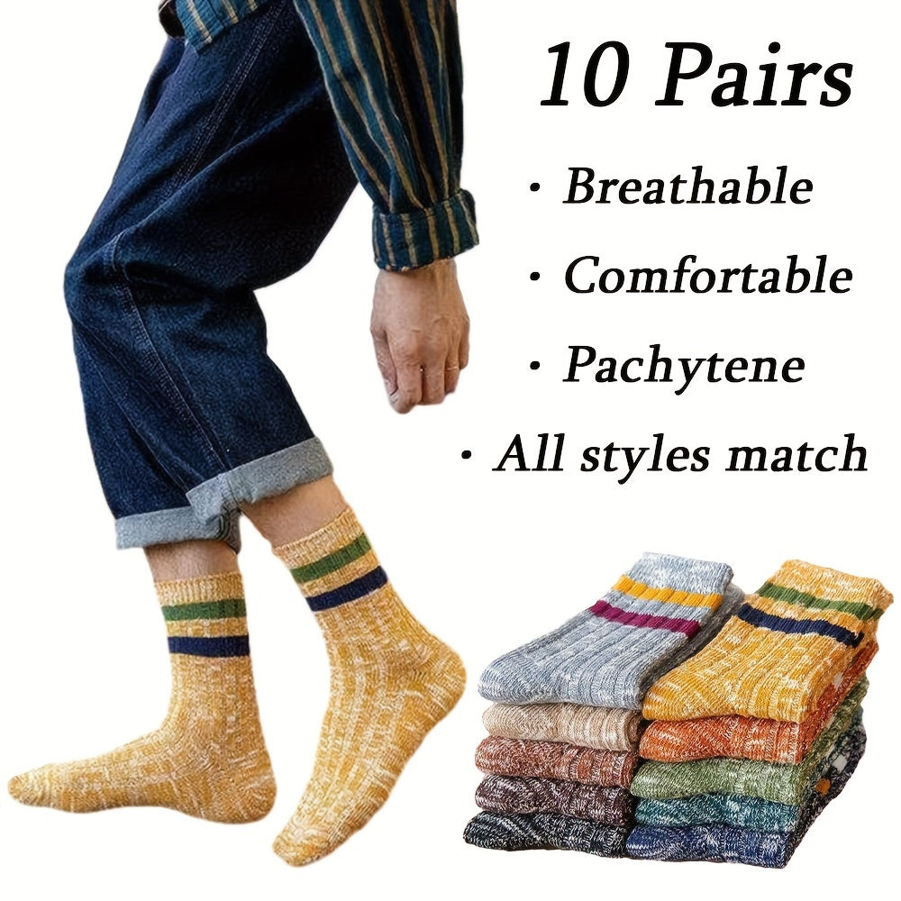 10 Pairs Men's Striped Crew Socks Comfortable Casual Unisex Outdoor All Seasons
