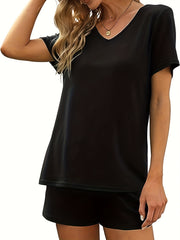 Women's Plus Solid Short Sleeve V Neck Pajama Set