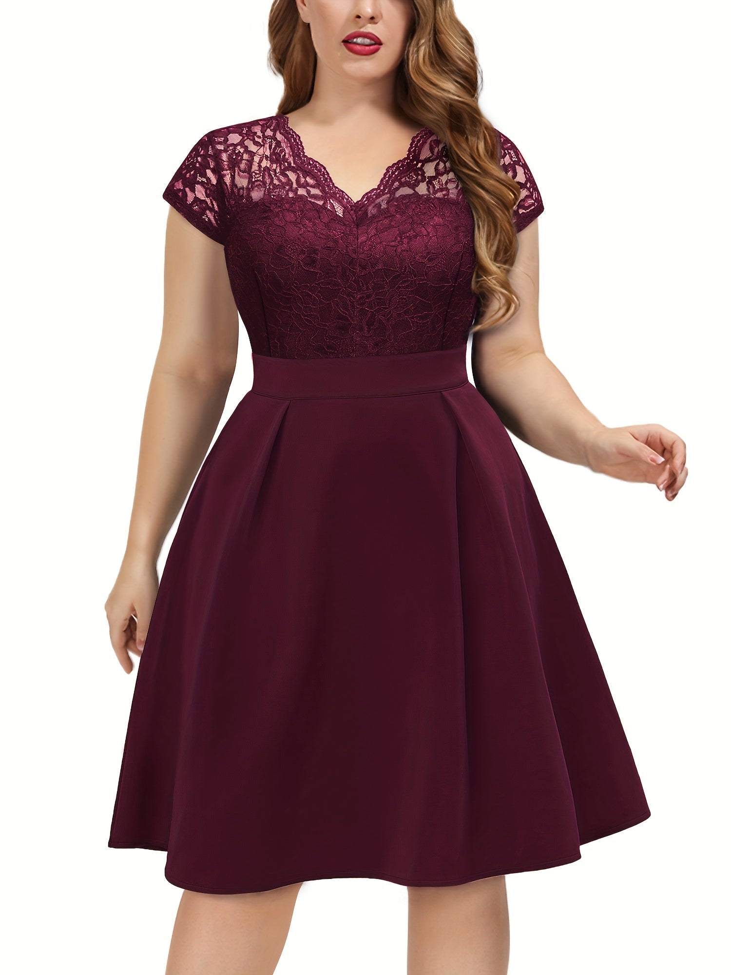 Contrast Lace Cap Sleeve V Neck A Line Dress