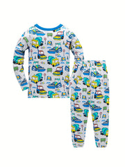 Boys Cartoon Car Print Cotton Pajamas Set