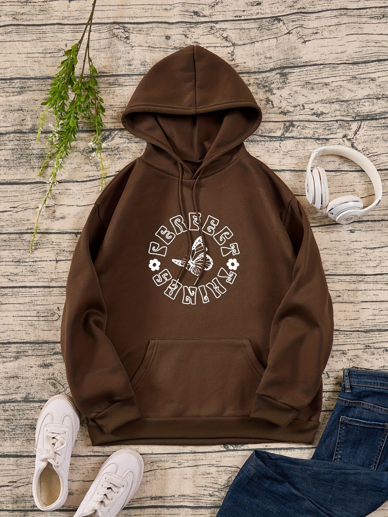 Butterfly & Letter Print Drawstring Sweatshirt Top Long Sleeve Pullover Hoodie