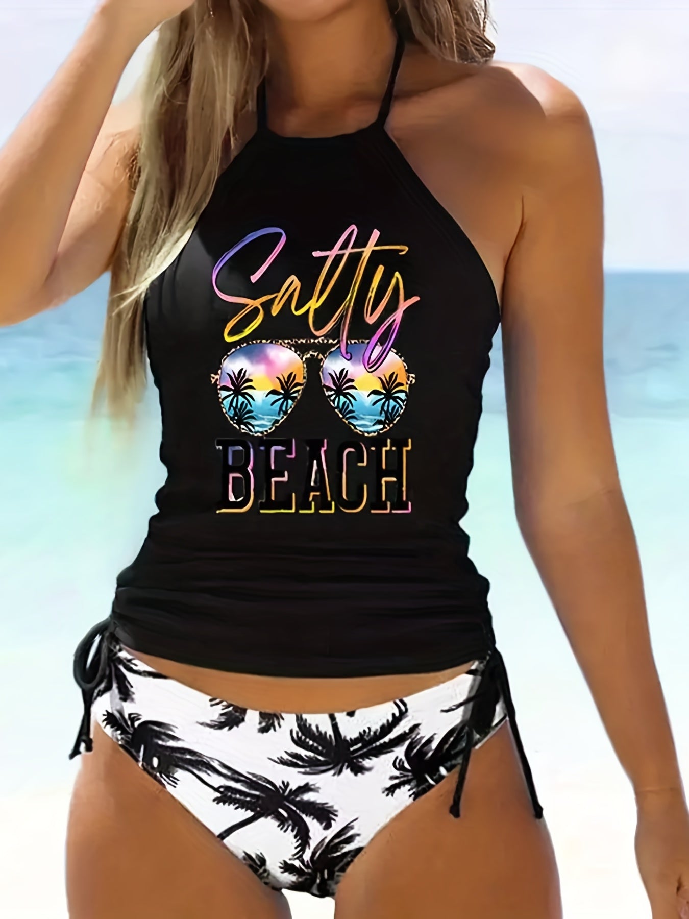 Coconut Tree Sunglasses Drawstring Halter 2 Piece Swimsuit