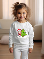 Christmas Girl And Tree Print Sweatshirt Long Sleeve Crew Neck Tops