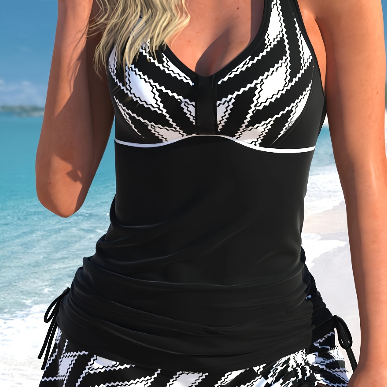 Retro Tankini Set Women's Plus Graphic Print V Neck Side Lace Up Ruche