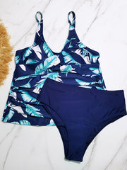 Leaf Print Tankini Set V Neck Ruched Cami Top & Panty Swimsuit 2 Piece