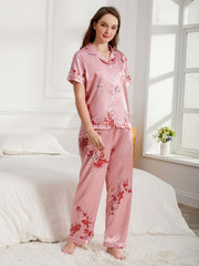 Floral Print Satin Pajama Set Short Sleeve Button Up Top & Pant