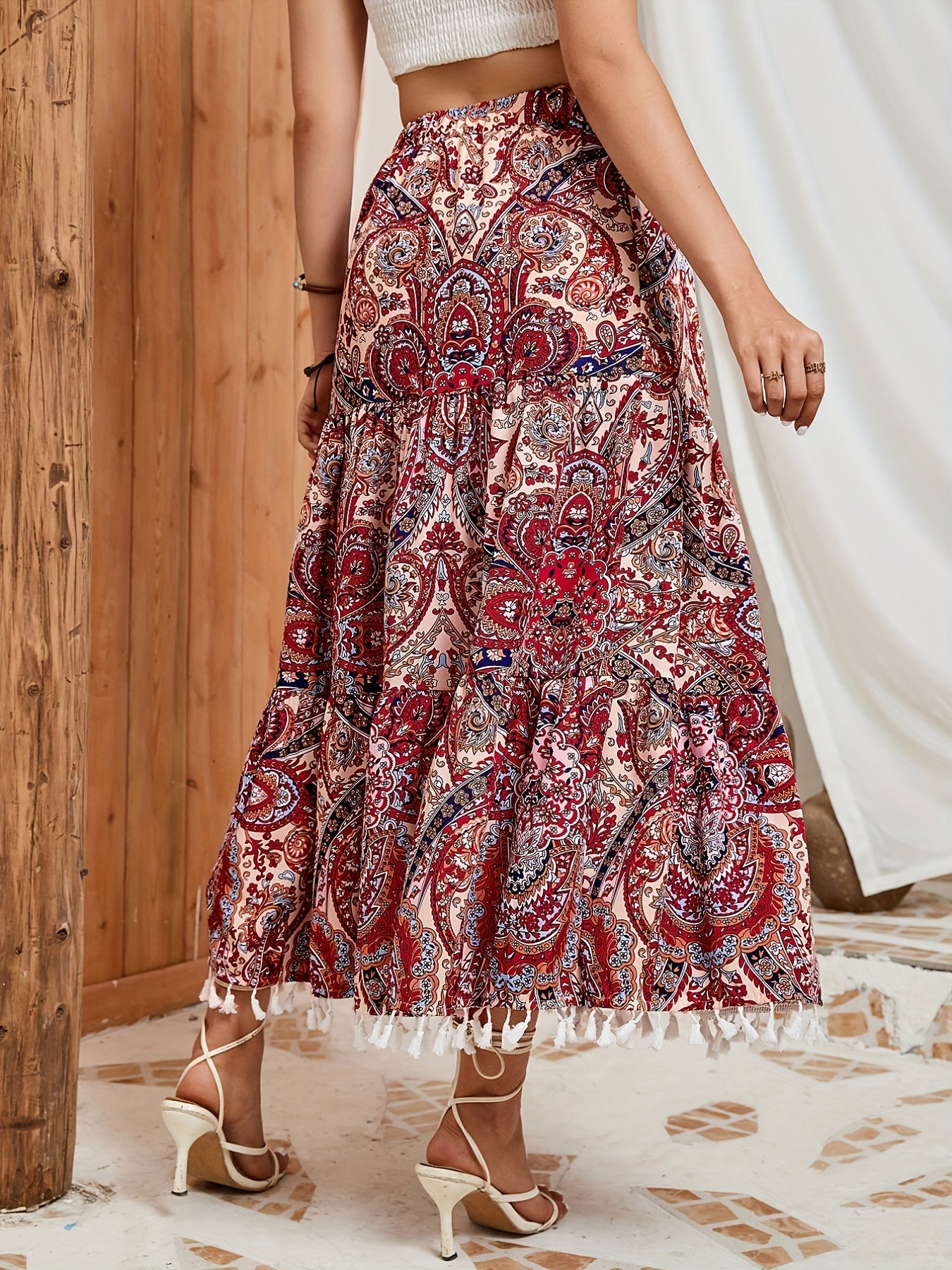 Ethnic Print Tassel Decor Skirt Elastic Waist Swing Skirt