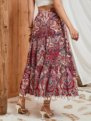 Ethnic Print Tassel Decor Skirt Elastic Waist Swing Skirt