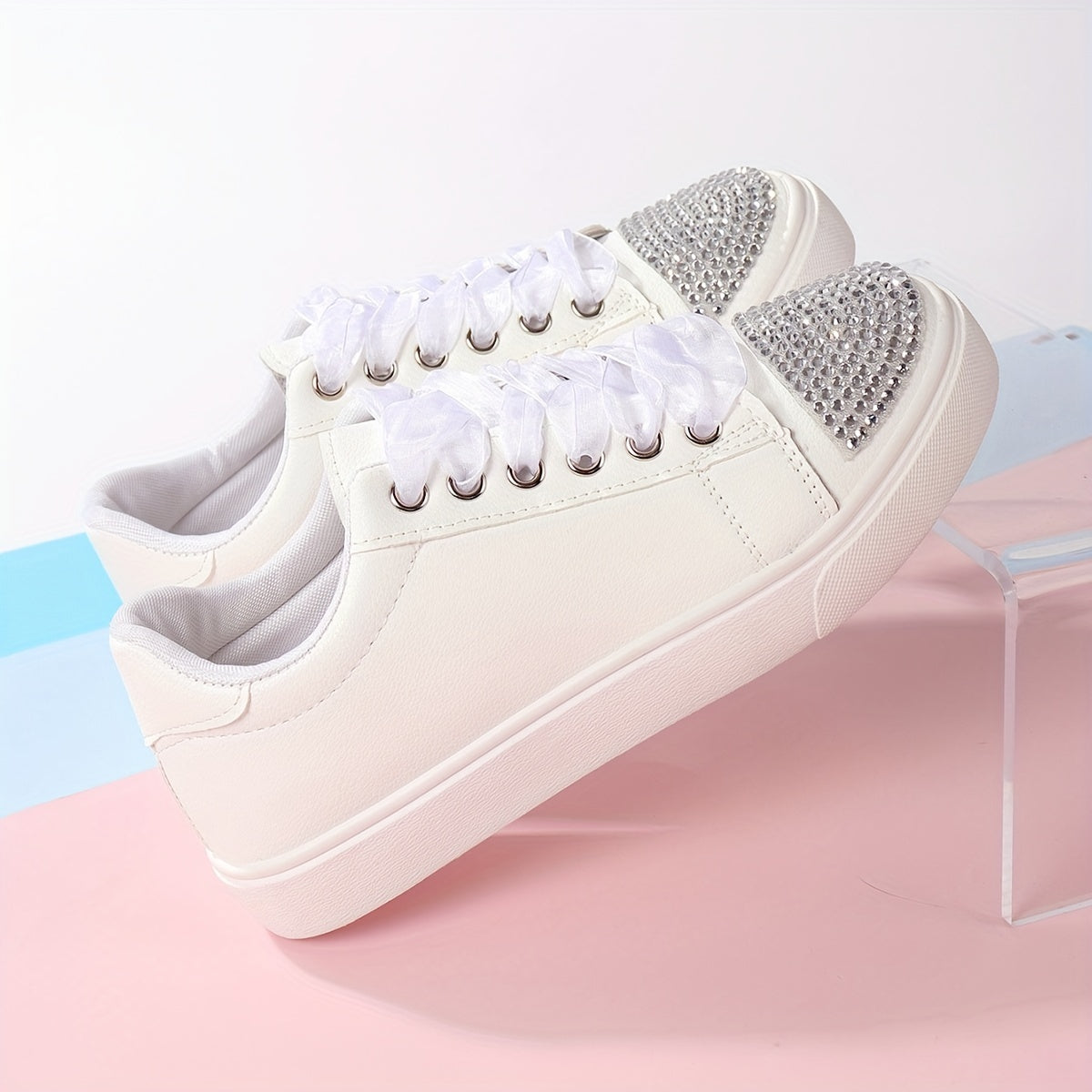 Rhinestone Glitter Skate Shoes Flat Lace Up Sneakers