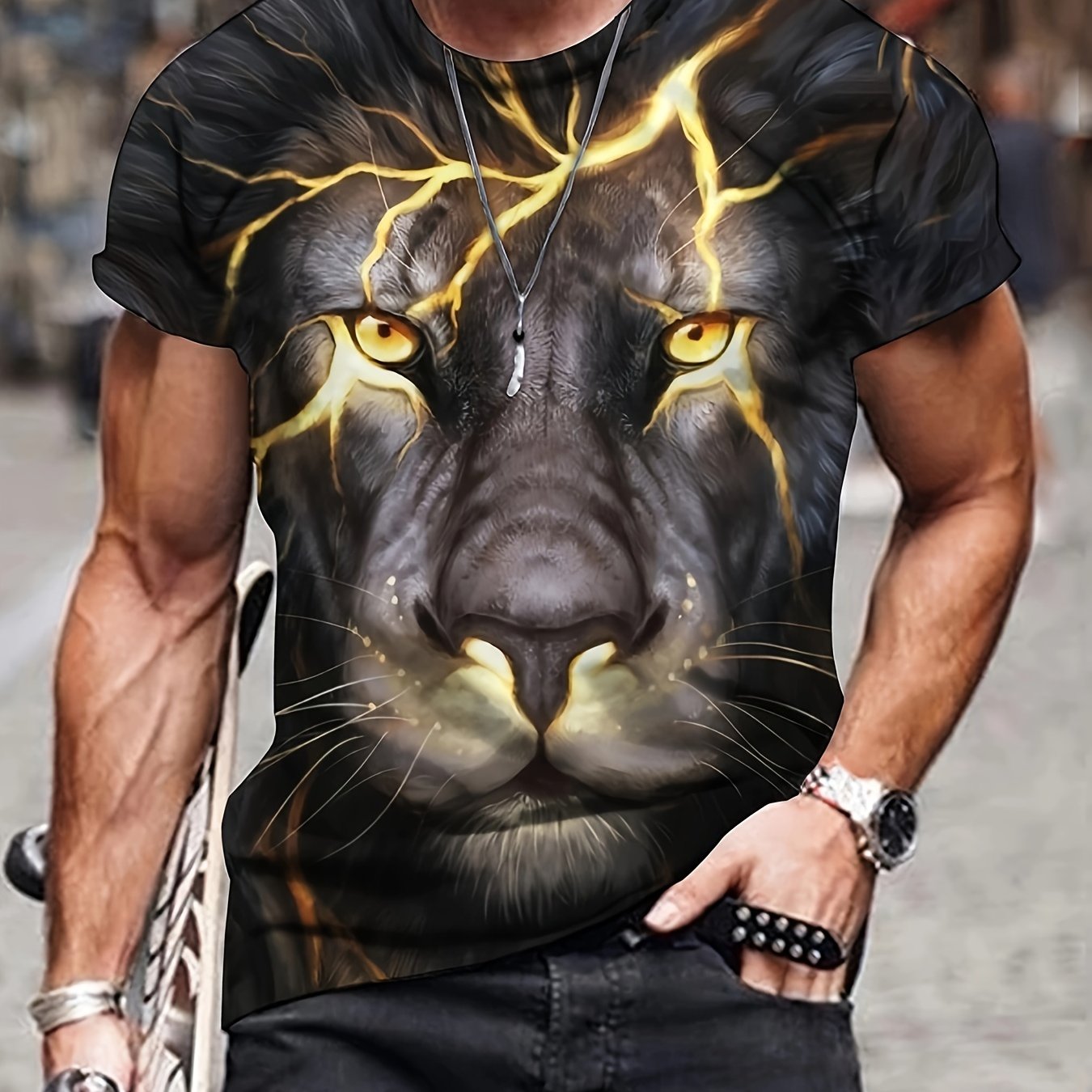 Men's 3D Lion Print T-shirt Crew Neck Tee
