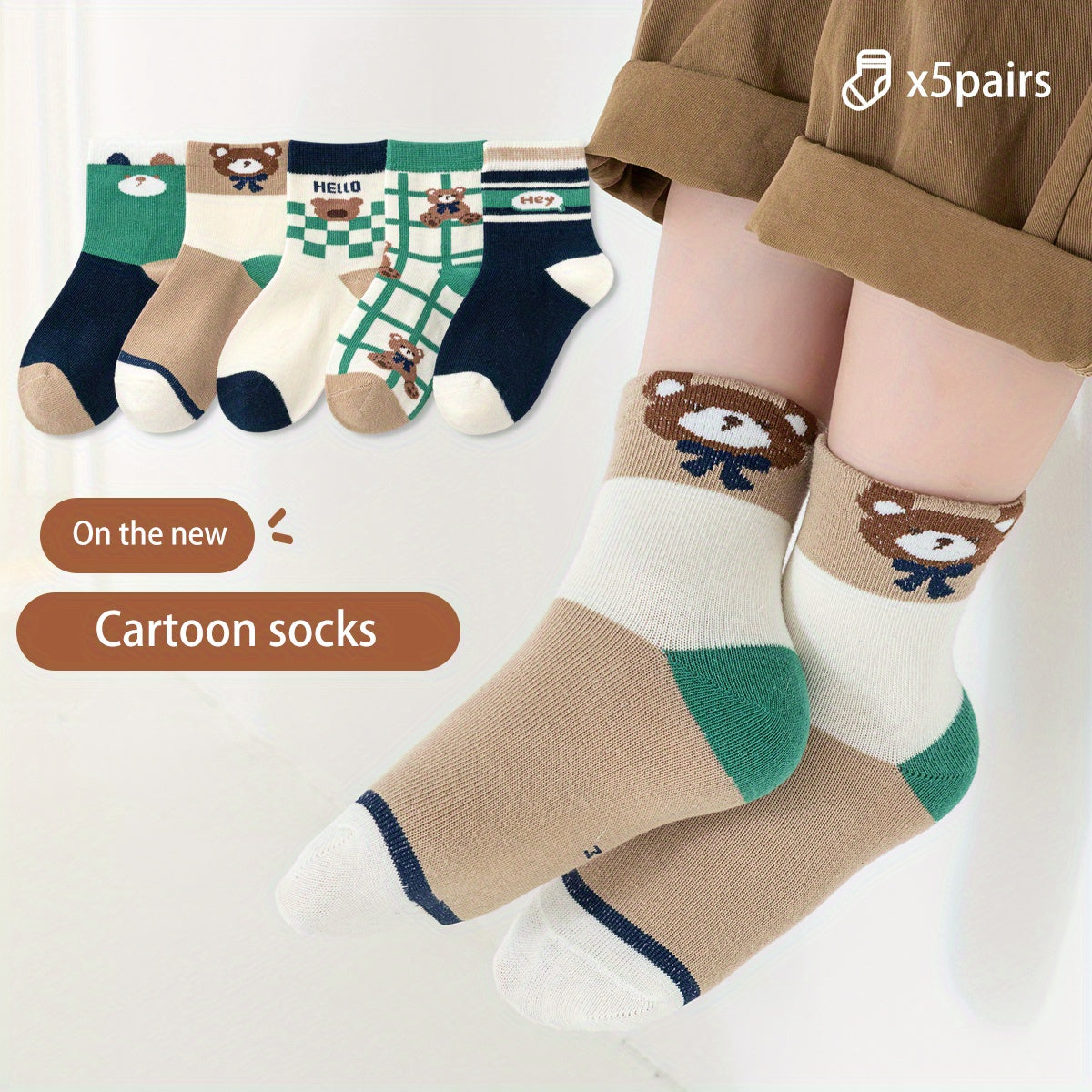 5pairs Boys Kids Crew Socks Cartoon Bear Pattern Socks