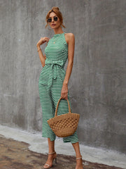 Striped Wide Leg Tie Front Jumpsuit for Women