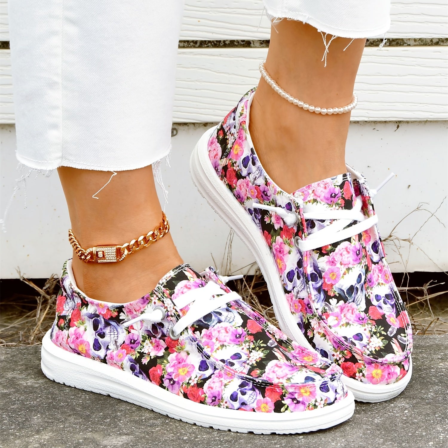 Floral & Skull Canvas Shoes Lace Up Low Top Halloween Sneakers
