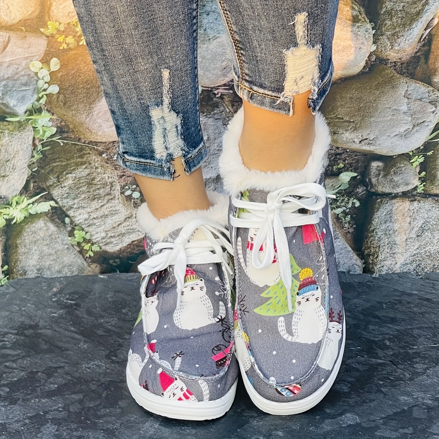Christmas Tree & Cat Cartoon Pattern Women's Warm Flat Boots