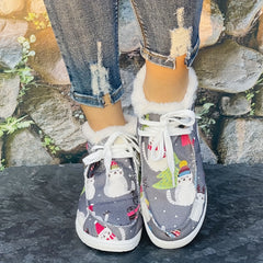 Christmas Tree & Cat Cartoon Pattern Women's Warm Flat Boots