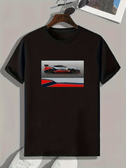 Race Car Print Men's Comfy T shirt Active Stretch Breathable Tee
