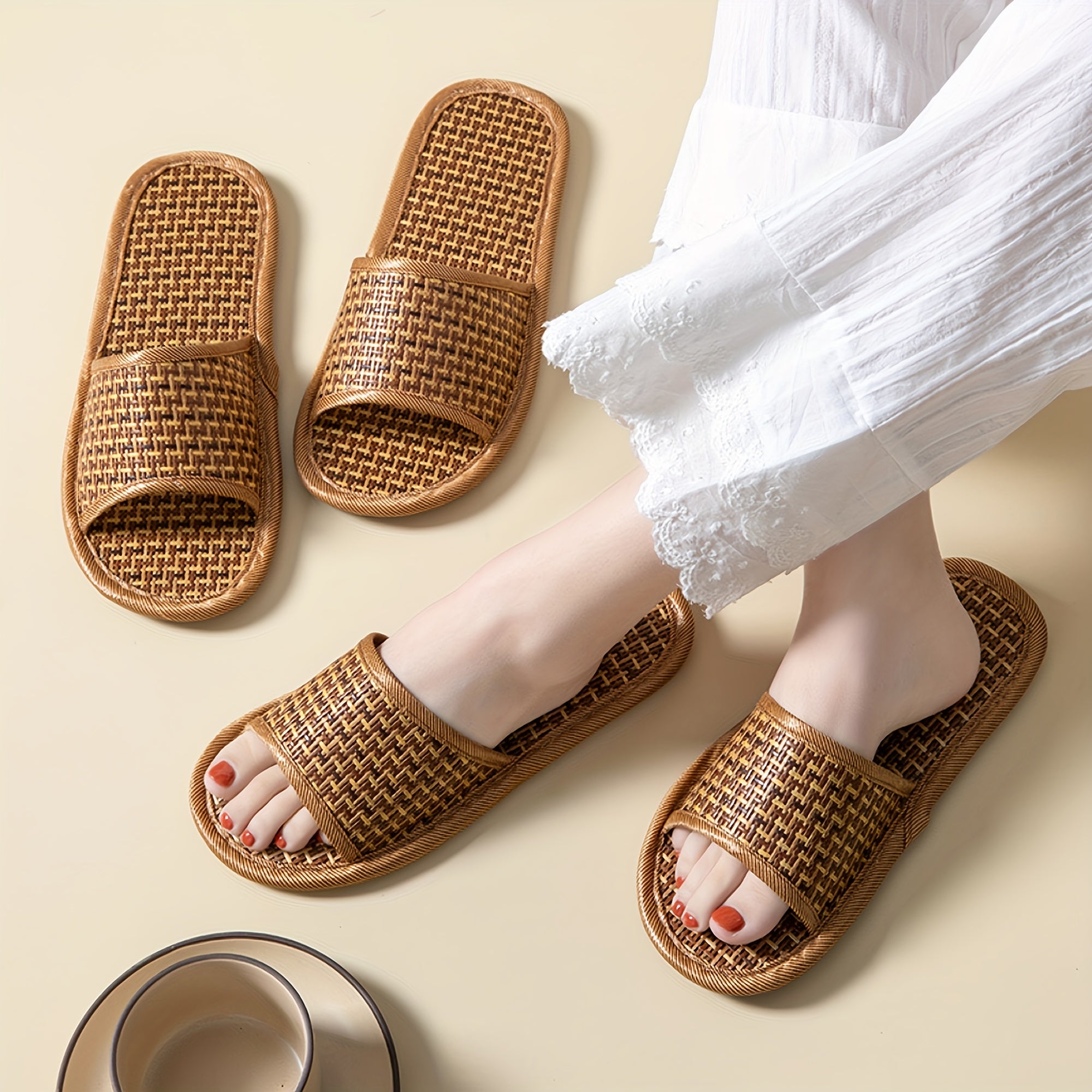 Women's Linen Flat Slides Open Toe Rattan Shoes Non Slip