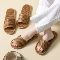 Women's Linen Flat Slides Open Toe Rattan Shoes Non Slip