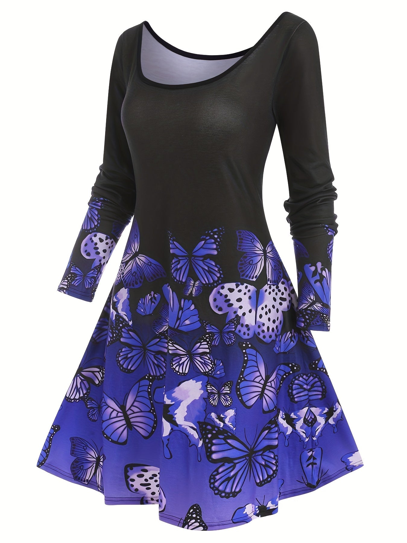 Casual Dress Women's Plus Butterfly Print Long Sleeve Round Neck