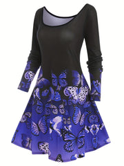 Casual Dress Women's Plus Butterfly Print Long Sleeve Round Neck