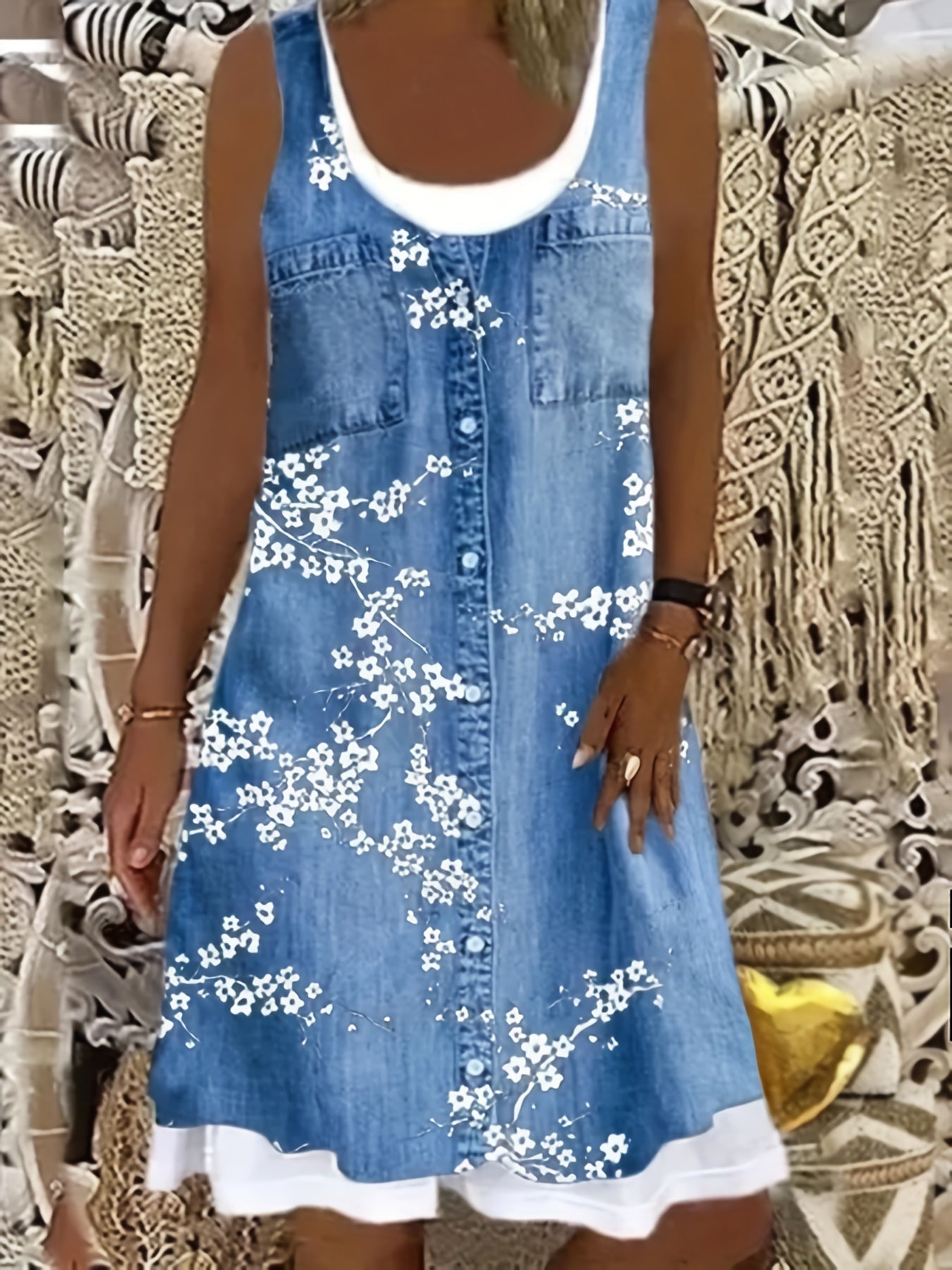 Colorblock Denim Print Tank Dress Round Neck