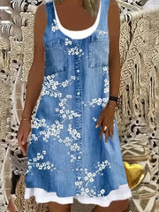 Colorblock Denim Print Tank Dress Round Neck