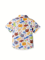 Boys Cartoon Leaf Cat Fish Shirt Kids Summer Clothes