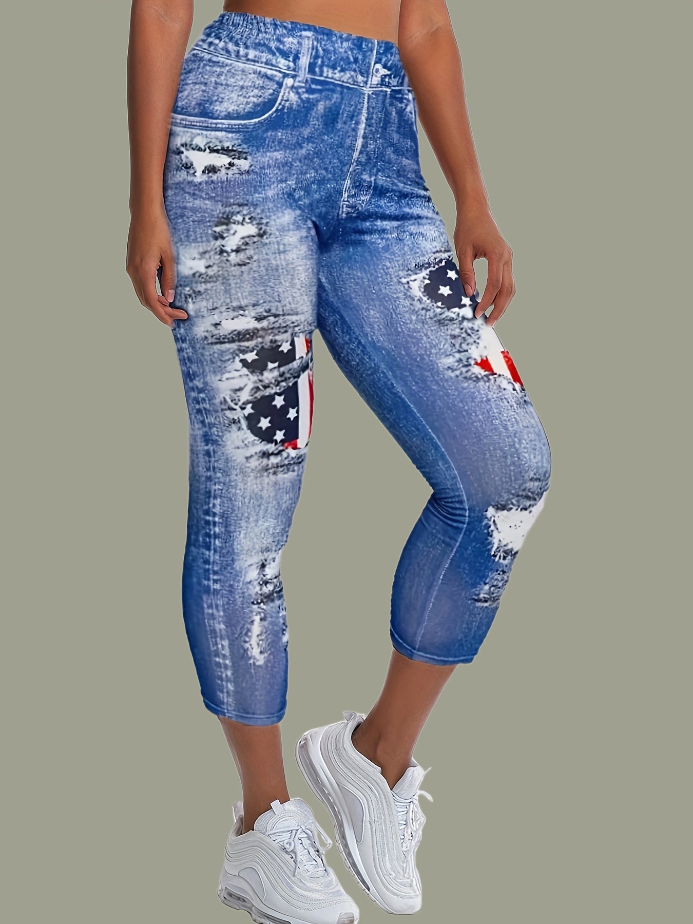 Denim & Flag Print Leggings Casual Skinny Cropped Leggings