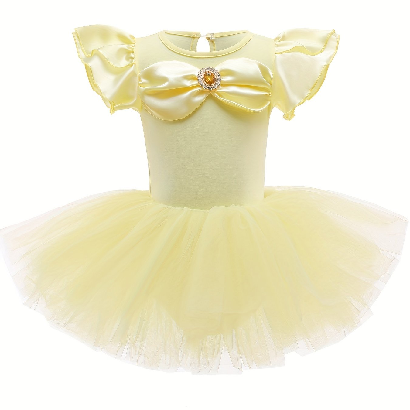Girls Yellow Tulle Tutu Mesh Dress With Rhinestone Decoration