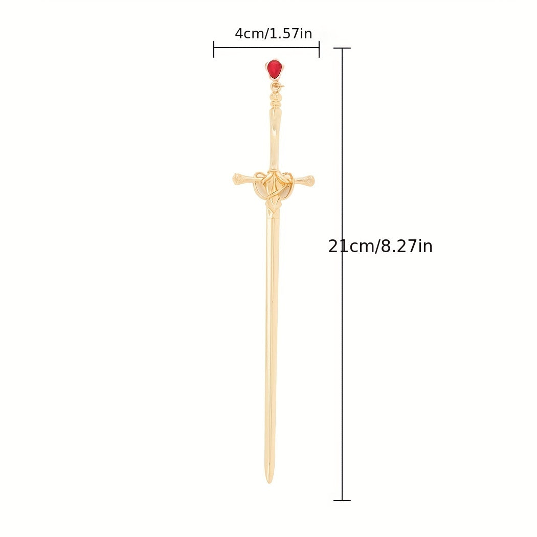 Ancient Style Sword Model Hairpin With Red Rhinestone