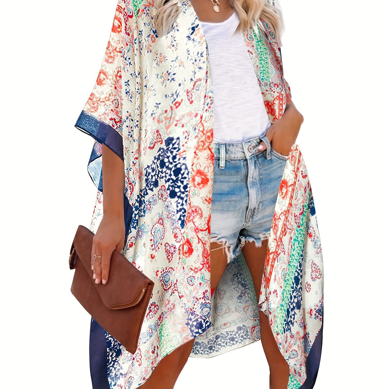 Scarf Print Batwing Sleeve Beach Kimono Cover Up