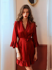 Women's Satin Ruffle Night Robe Long Sleeve V Neck Robe