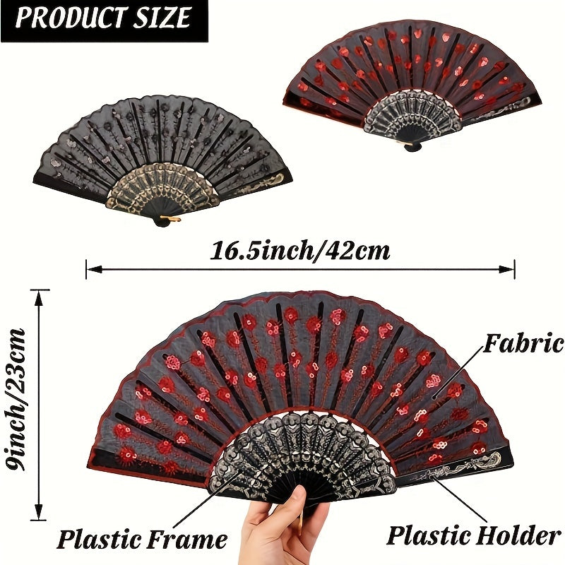 Sequin Fabric Folding Fan Embroidery Lace Fan Vintage Fan