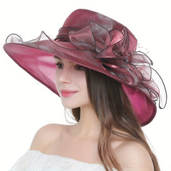 Wide Brim Church Derby Hat Mesh Flower Decor Organza Sun Hat