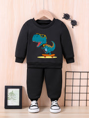 Baby Dinosaur Skateboard Print Casual Outfit Long Sleeve Sweatshirt Trousers Set