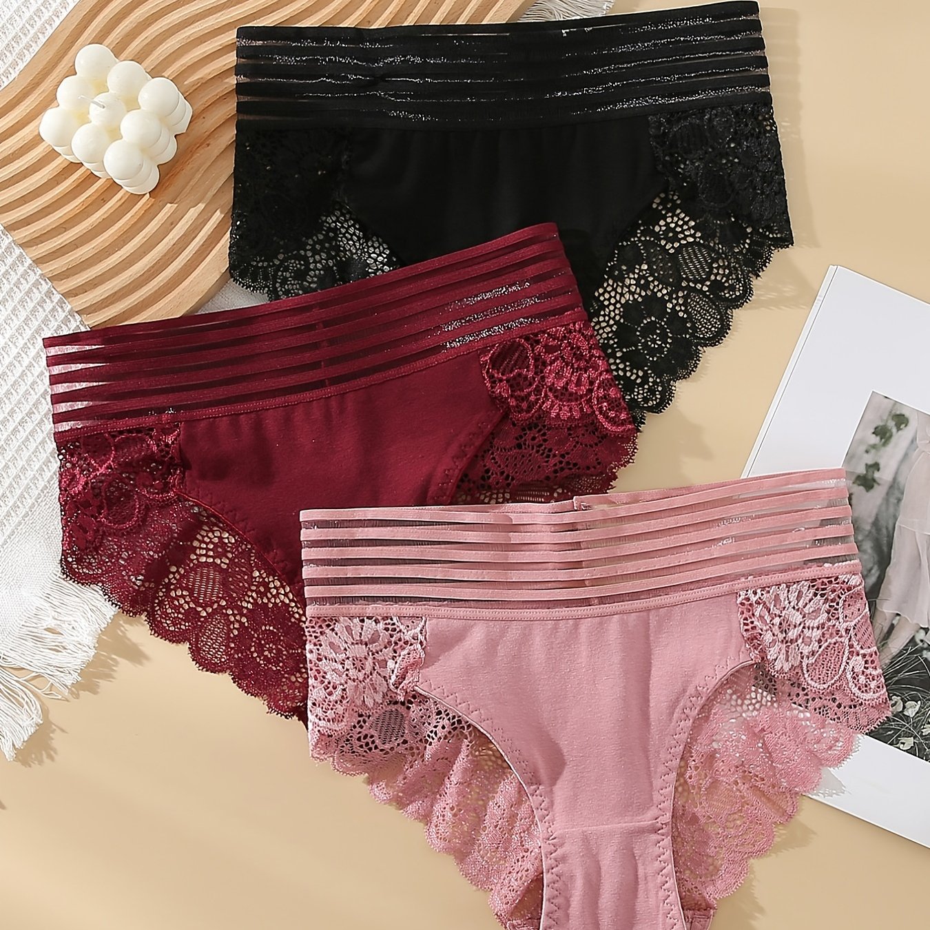 3 Pcs Lace Briefs Sexy Sheer Panties Women's Underwear