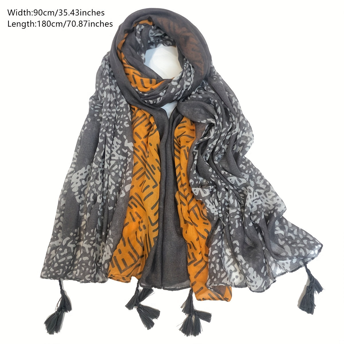 Vintage Block Scarf Dotted Print Tassel Shawl