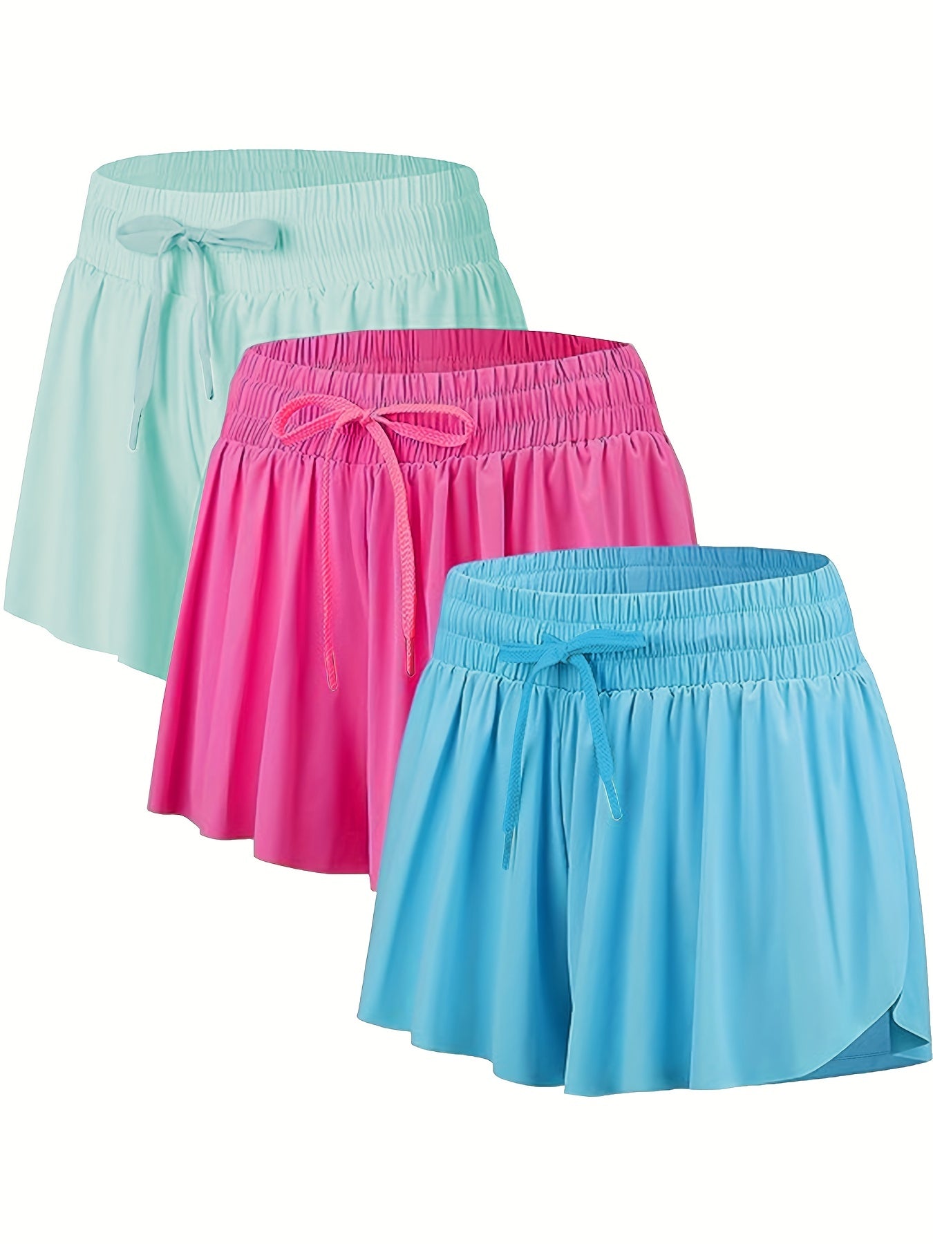 3 Pack Plus Size Sports Shorts Set Women's Plus Solid Double Layered