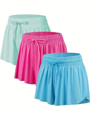 3 Pack Plus Size Sports Shorts Set Women's Plus Solid Double Layered