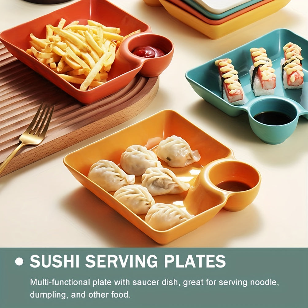4pcs Dumpling Plates With Sauce Compartment Square Serving Plates