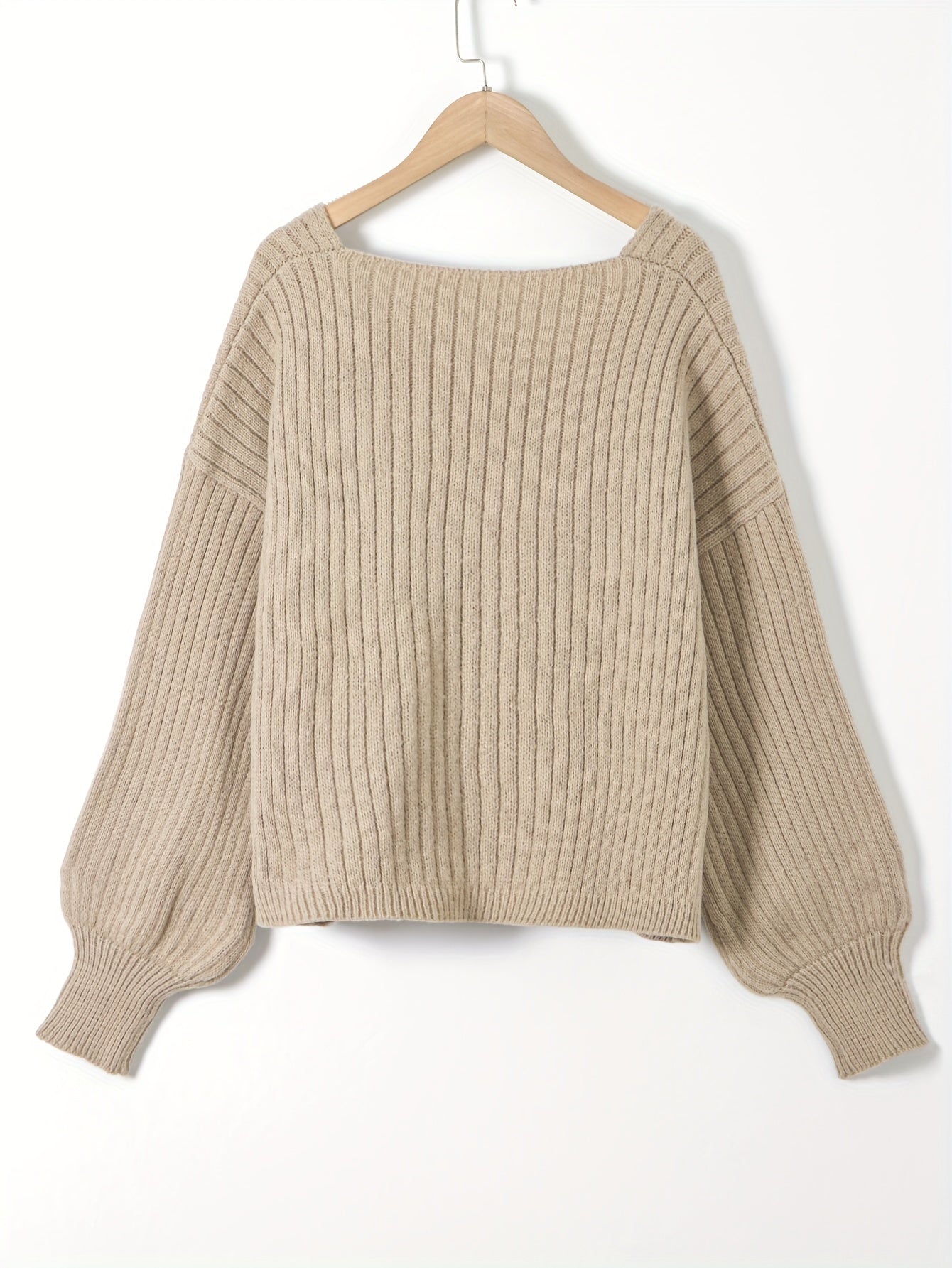 Casual Sweater Women's Plus Ribbed Lantern Sleeve V Neck Jumper
