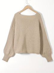 Casual Sweater Women's Plus Ribbed Lantern Sleeve V Neck Jumper