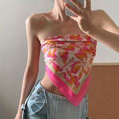 Flower Print Silk Square Scarf Bandana Head Wrap for Women