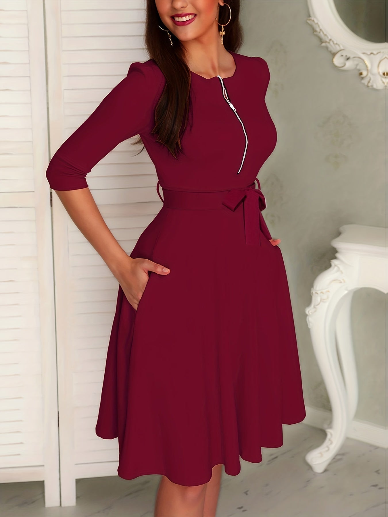 Solid V-Neck Half Zipper Dress With Pockets