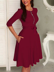 Solid V-Neck Half Zipper Dress With Pockets